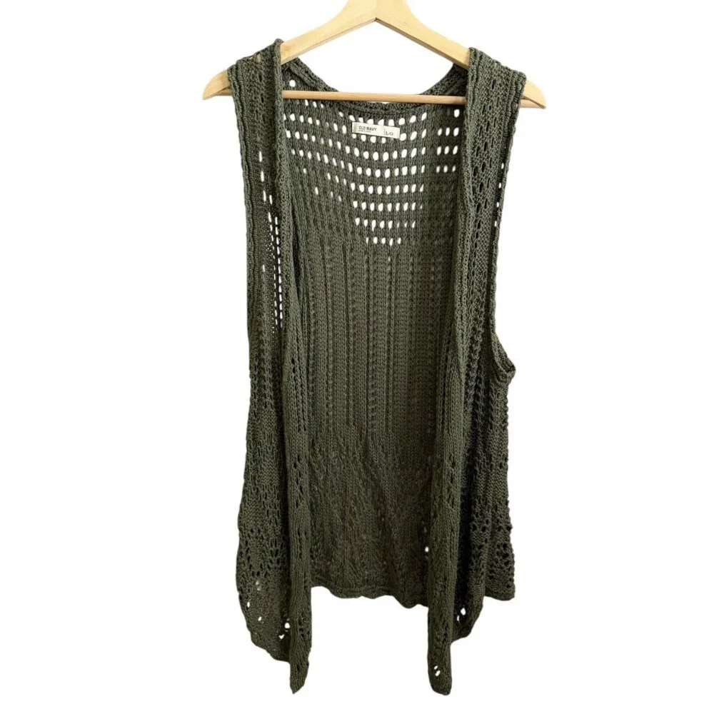 Old Navy Open Knit Vest Sweater Green L Boho Fairy Grunge Festival Crochet